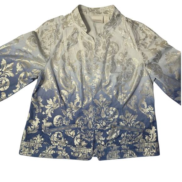 Chico's Foil‎ Print Open Front Jacket Size 2/L Blue to White Ombre Zip Pockets - Picture 3 of 10
